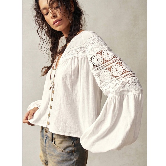Cotton Bohemian Shirt White Crochet Lace Detailed V-Neck Long Lantern Sleeve - Picture 3 of 12